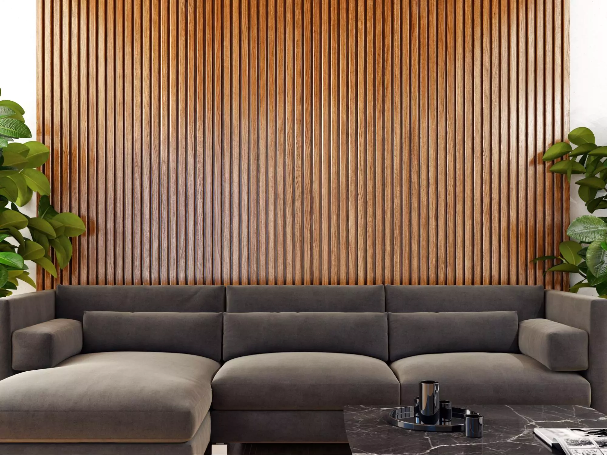 Ruang Tamu dengan Panel Kayu Vertikal Natural